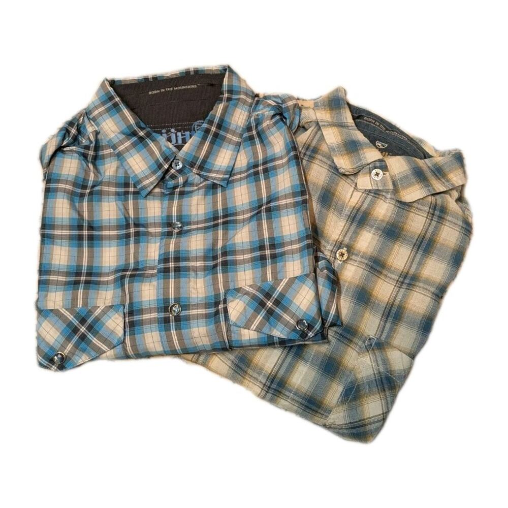 Kuhl Shirts Mens Large Blue Tan Plaid Short Sleeve Snap Button Up Cotton Lot